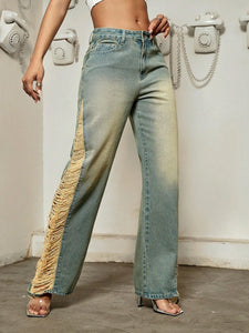 Casual Women Inverted Side Panel Frayed Denim Jeans - Ailime Designs