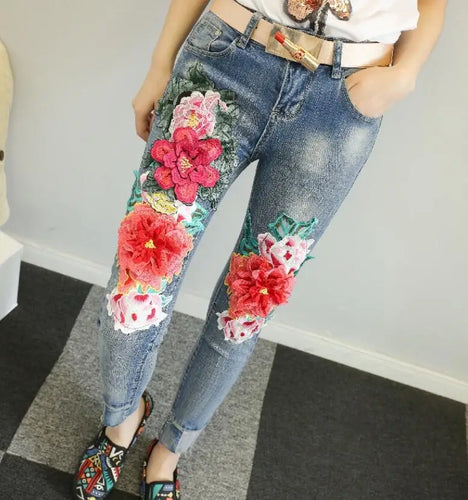 Casual Embroidered Flower Denim Pants - Ailime Designs