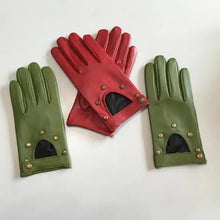 Load image into Gallery viewer, Genuine Leather Hollow-cut Red &amp; Green Racing Gloves - Ailime Designs