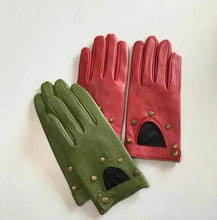 Load image into Gallery viewer, Genuine Leather Hollow-cut Red &amp; Green Racing Gloves - Ailime Designs