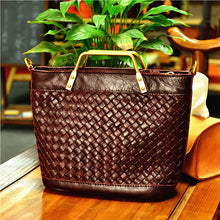 Load image into Gallery viewer, Green Woven Design Genuine Leather Totebags - Ailime Designs