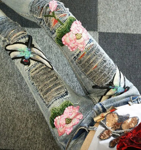 Beautiful Women's Embroidered Flower Design Denim Jeans - Ailime Designs