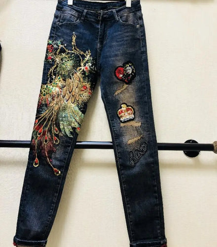 Beautiful Embroidered Stretch Denim Pants - Ailime Designs