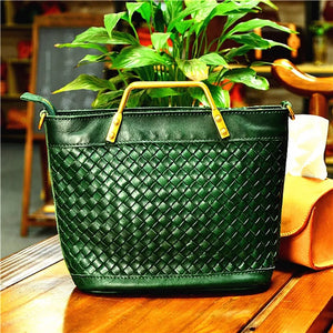 Green Woven Design Genuine Leather Totebags - Ailime Designs