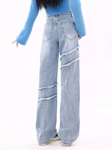 Women's Frayed Edge Design Blue Wash Denim Pants - Ailime Designs