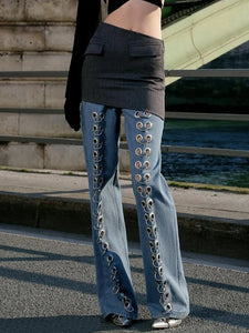 Casual Women Grommet Front Leg Design Denim Jeans - Ailime Designs