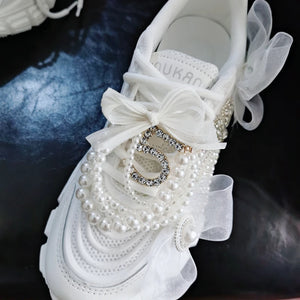 Faux Pearl Design Ribbon Lace Sneakers - Ailime Designs