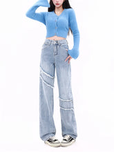Load image into Gallery viewer, Women&#39;s Frayed Edge Design Blue Wash Denim Pants - Ailime Designs