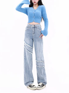 Women's Frayed Edge Design Blue Wash Denim Pants - Ailime Designs