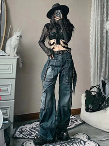 Casual Women Layered Pocket Baggy Denim Pants - Ailime Designs