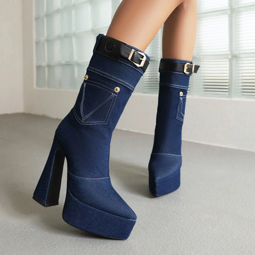 Blue Denim Women Platform Buckle Design Ankle Boots - Ailime Designs