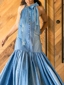 Casual Plus Size Beauties Mermaid Design Maxi Denim Dresses - Ailime Designs