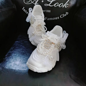 Faux Pearl Design Ribbon Lace Sneakers - Ailime Designs