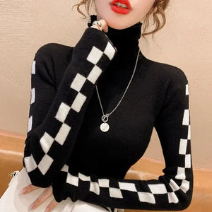 Flag Check Sleeve Design Black Turtleneck Sweaters - Ailime Designs