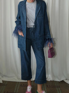 Casual Women Ostrich Feather Cuff Blazer Design  Denim Blazers - Ailime Designs