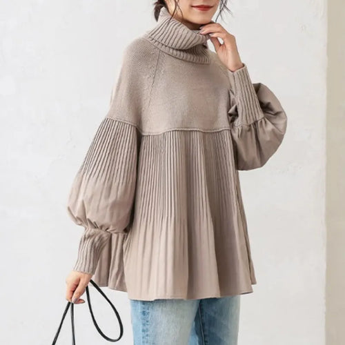 Elegant Balloon Sleeve Design Pleat Block Knit Sweaters - Ailime Designs