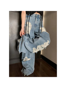Casual Women Frayed Denim Baggy Jeans - Ailime Designs