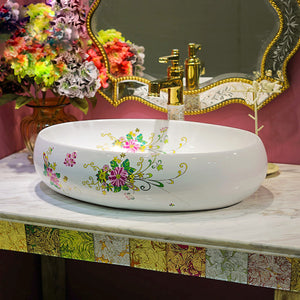 Beautiful Oval Floral Print Design Deck Mount Basin Sinks - Ailime Designs