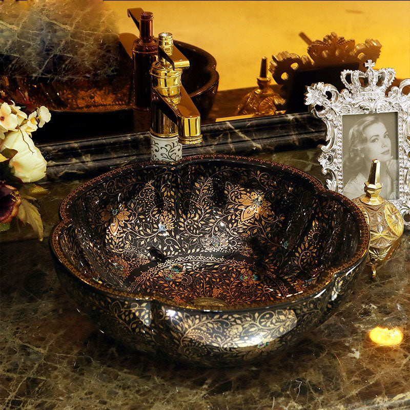 Gold counter-Top Flower Design Basin Sinks - Ailime Designs