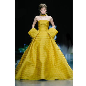 Women's Yellow Pleated Elegant Evening Gown – Ailime Designs