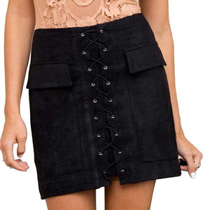 Women's Faux Suede Lattice Tie Front Pencil Skirt - Ailime Designs