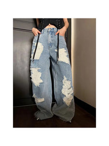 Casual Women Frayed Denim Baggy Jeans - Ailime Designs
