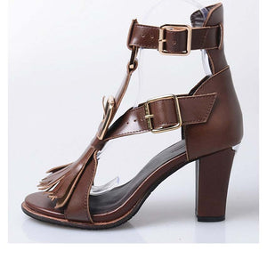Women's Strap Ankle Gladiator Design - Genuine Leather & Fringe High Heels