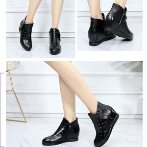 Women's Wedge Lace Tie Design Soft Leather Skin Ankle Boots
