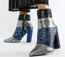 Load image into Gallery viewer, Women&#39;s Layered Block Print Design Sequin Ankle Boots