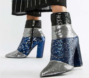Women's Layered Block Print Design Sequin Ankle Boots