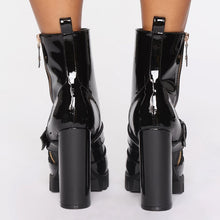 Load image into Gallery viewer, Women&#39;s Black Buckle Design Patent Leather Ankle Boots - Ailime Designs