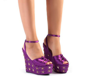 Women's Sexy Ankle Strap  Wedge Shoes w/ Star Motifs