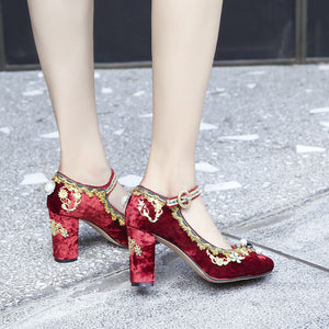 Women's Embroidery Floral Print Design Mary Jane Heels