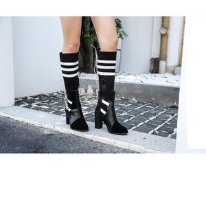 Women's Chic Style Elastic Stretch & Leather Skin Design Knee-High Boots