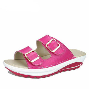 Women's Double Buckle Genuine Leather Design Wedge Slides - Ailime Designs