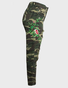 Floral Embroidered Women's Camouflage Shredded Design Denim Jeans w/ Pockets - Ailime Designs