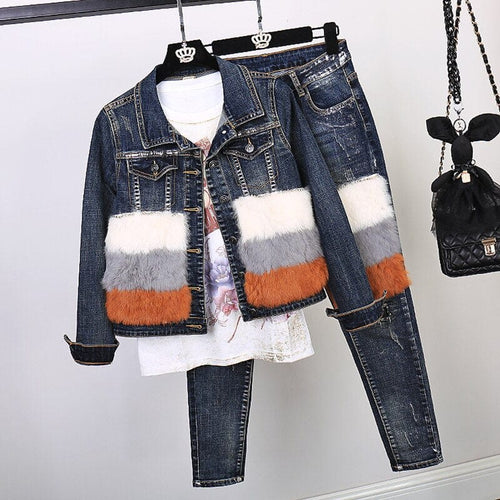 Women’s Street Style Fantastic Blue Denim 2pc Rabbit Jacket & Pants Set