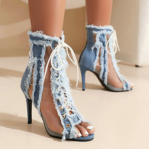 Brushed Fringe Women's Denim Jean Shoe Ankle Boots - Ailime Designs