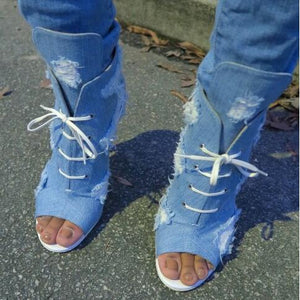 Blue Wash Denim Peep Toe Design Ankle Boots - Ailime Designs