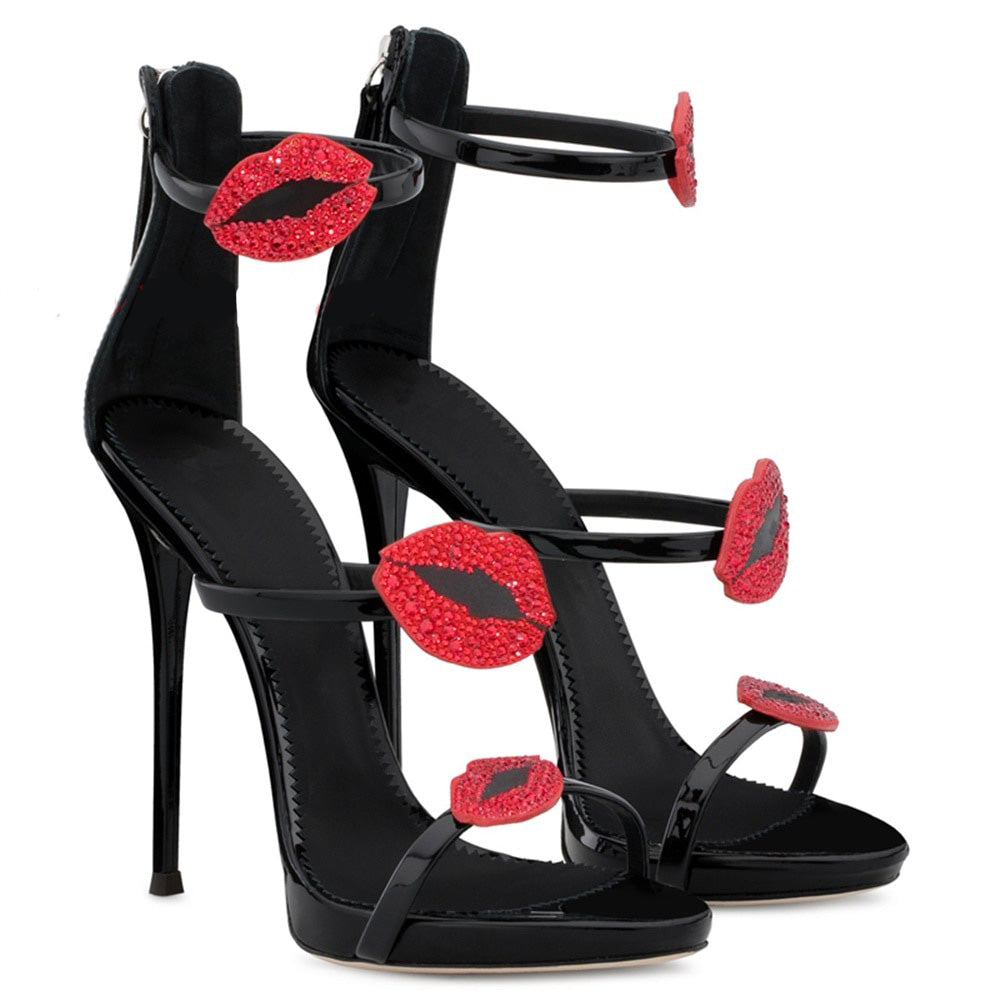 Women's Red Lip Motif Design Strappy High Heels - Ailime Designs