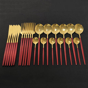 24Pcs Green Gold Stainless Steel Flatware Set - Ailime Designs
