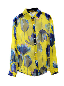 Women's Sheer Chiffon Leaf Printed Shirts - Ailime Designs