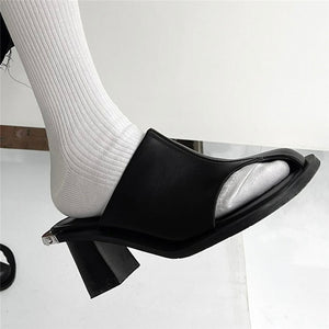 Women's Hollow-cut Toe Design Black Flat Mules - Ailime Designs