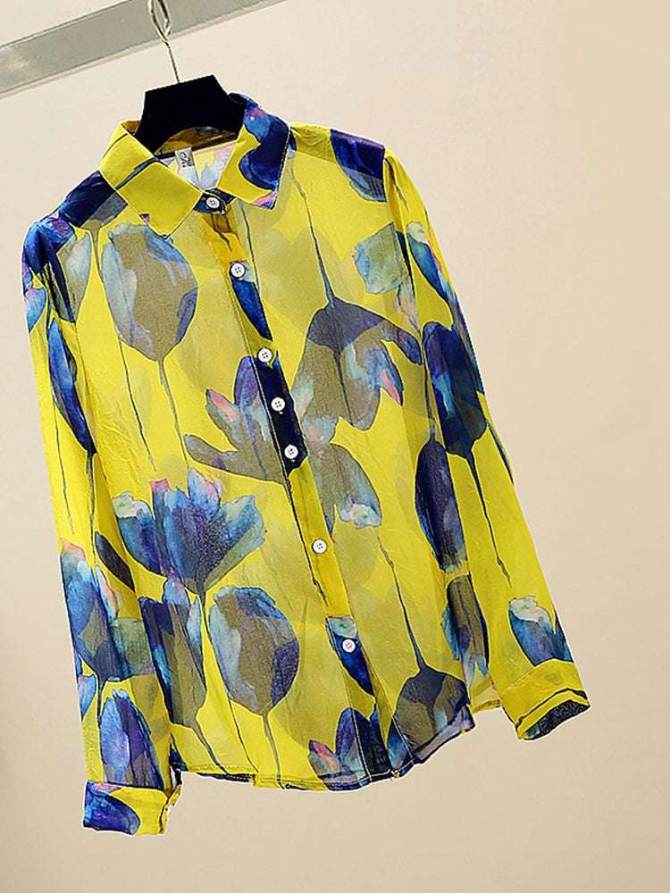 Women's Sheer Chiffon Leaf Printed Shirts - Ailime Designs