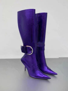 Purple Pointed Toe Women's Buckle Ankle Boots - Ailime Designs