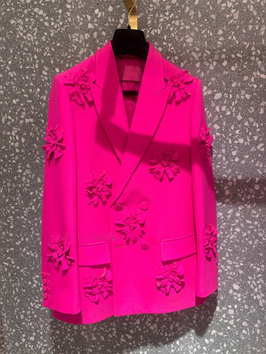 Women's Pink Flowers Motif Double Breasted Blazer Jacket -  Ailime Designs