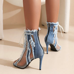 Brushed Fringe Women's Denim Jean Shoe Ankle Boots - Ailime Designs