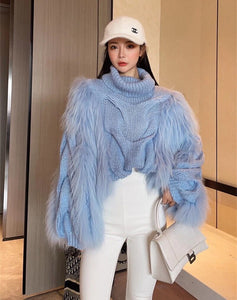 Luxury High Quality Women's Blue Rabbit Fur Knit Sweaters - Ailime Designs