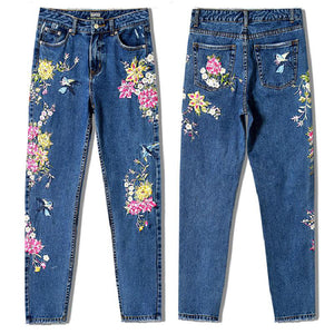 Women's Floral Embroidery Straight Leg Design Denim Jeans  w/ Pockets - Ailime Designs