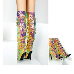 Women's Cross-Wrap Trim Design Metallic PU Leather Thigh High Boots